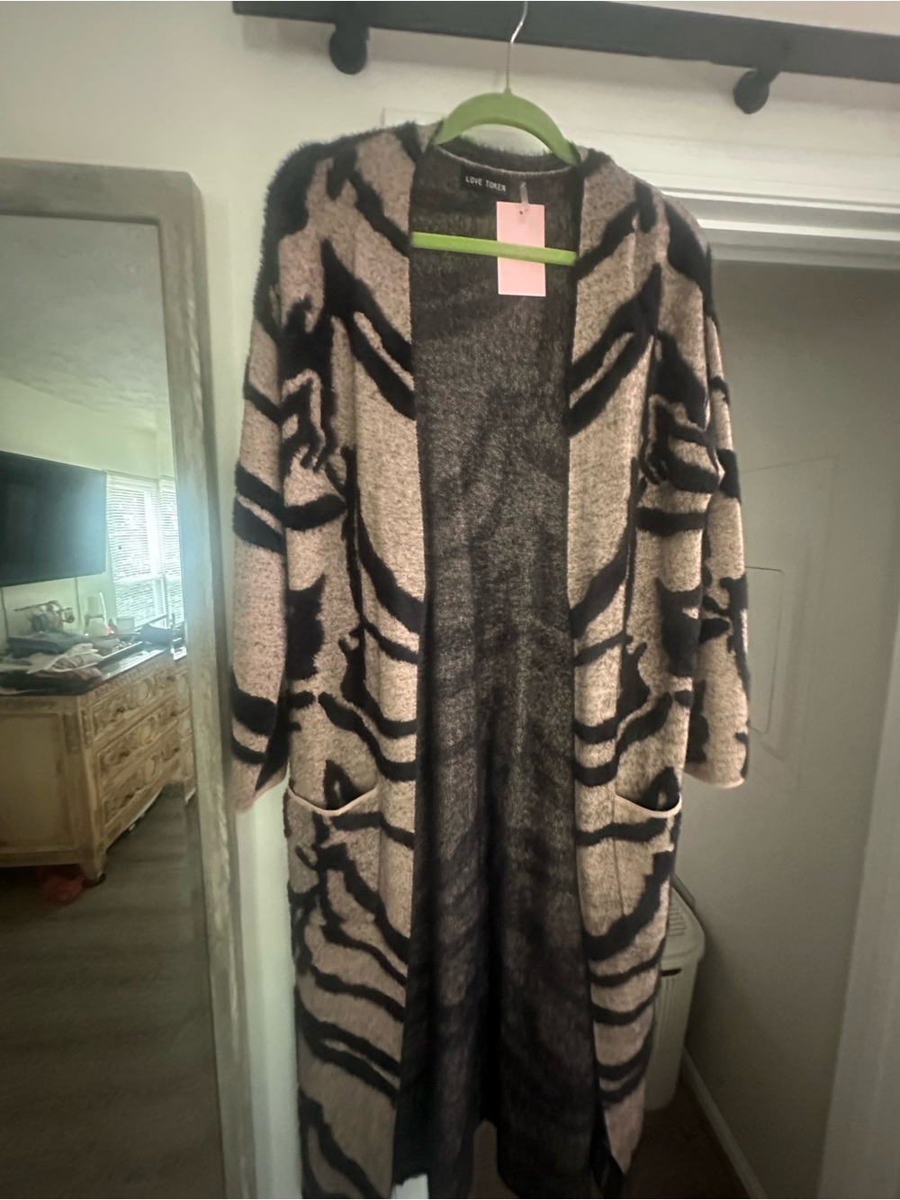 Love Token Long Open-Front Zebra-Print Cardigan in Taupe & Black